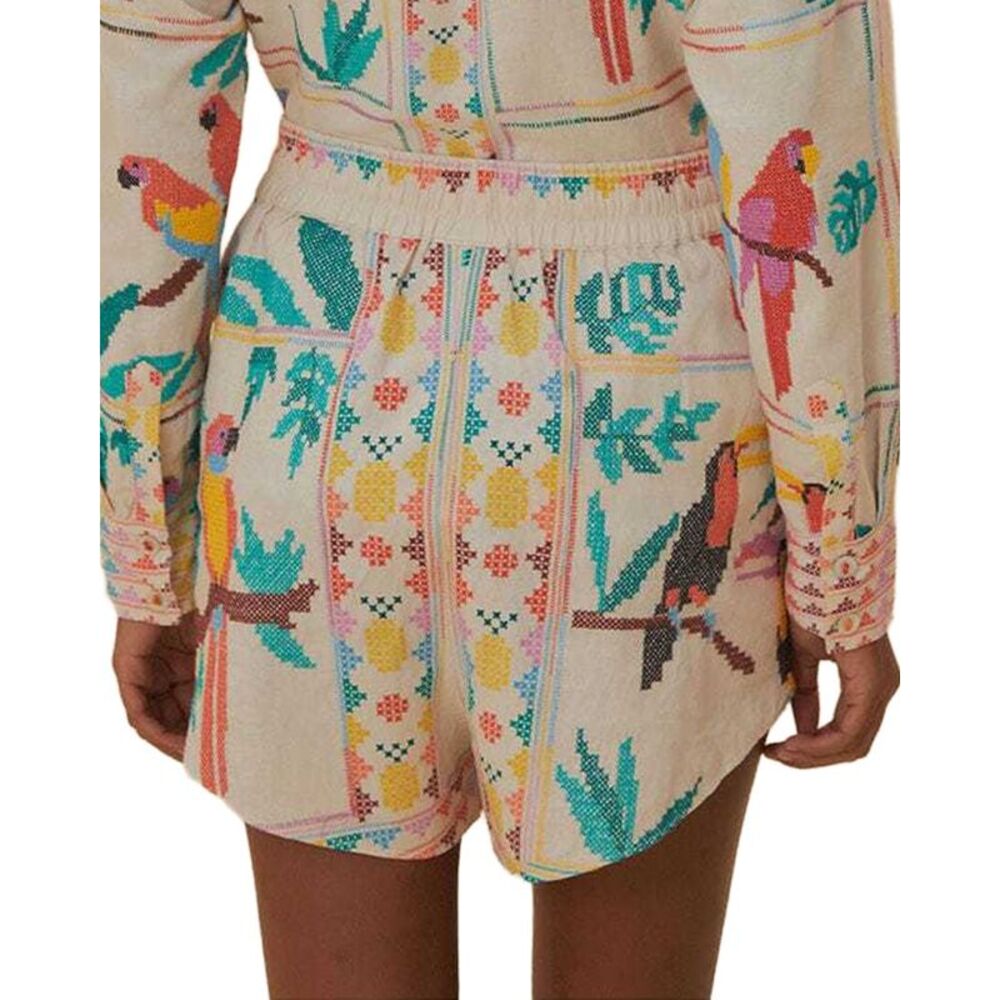 Farm Rio Womens  Linen-Blend Stitched Birds Scarf Off-White Short - Picture 2 of 3